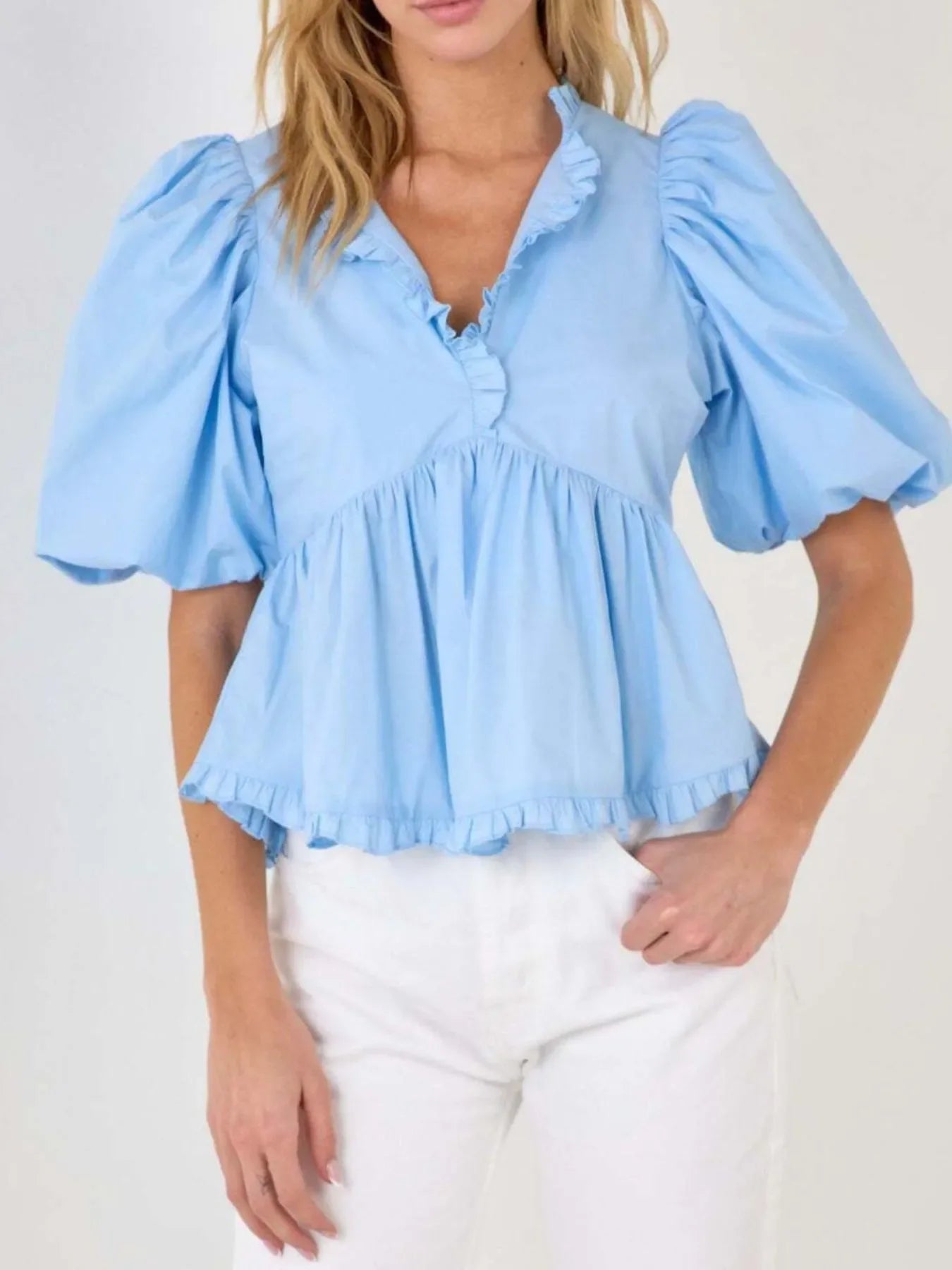 Stylish Southern Shores Clothing Puff Sleeve Peplum Blouse With Ruffles In 100% Polyester Fabric - Southern Shores Clothing