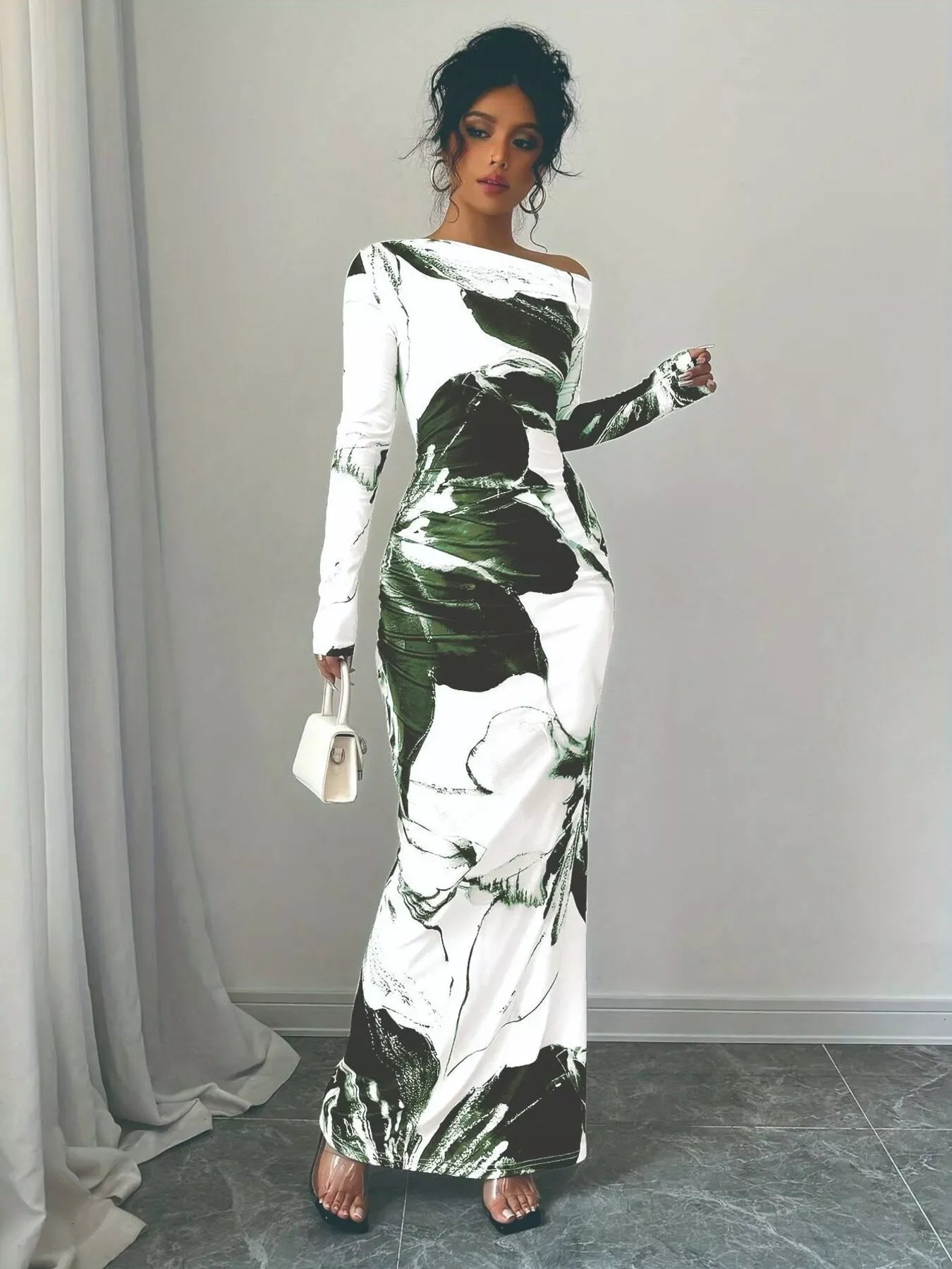 Floral One Shoulder Long Sleeve Maxi Dress - Southern Shores Clothing