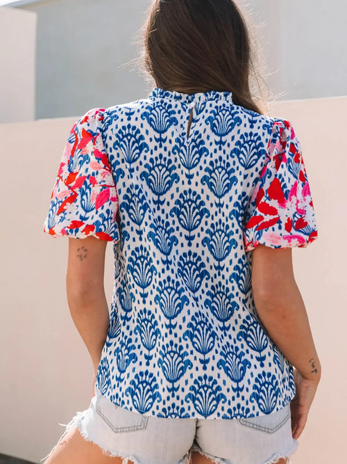 Printed Puff Sleeve Frilled Neck Blouse Top - Southern Shores Clothing
