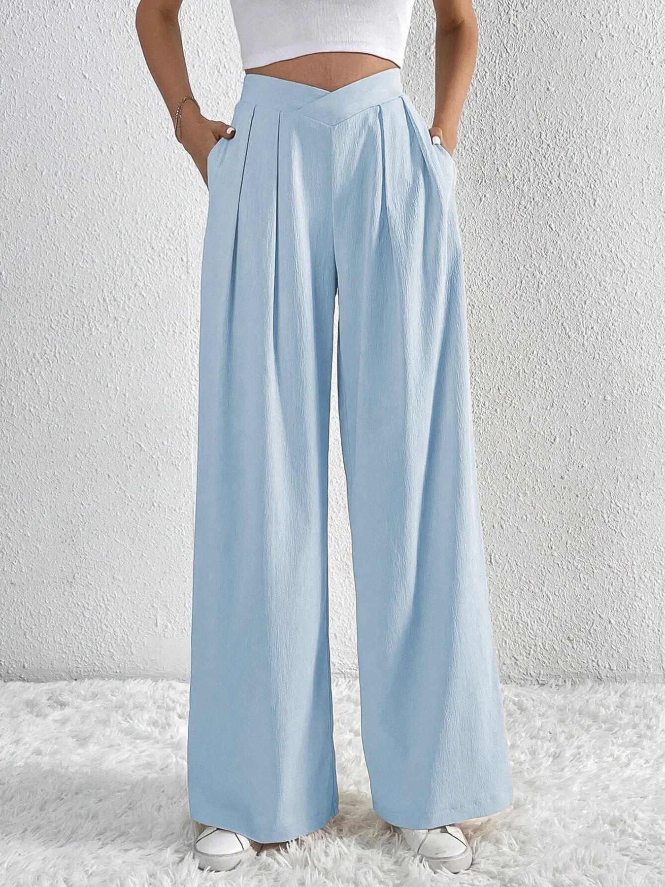 V-Waisted Ruched Front Flowing Wide Leg Pants Casual Wear - Southern Shores Clothing