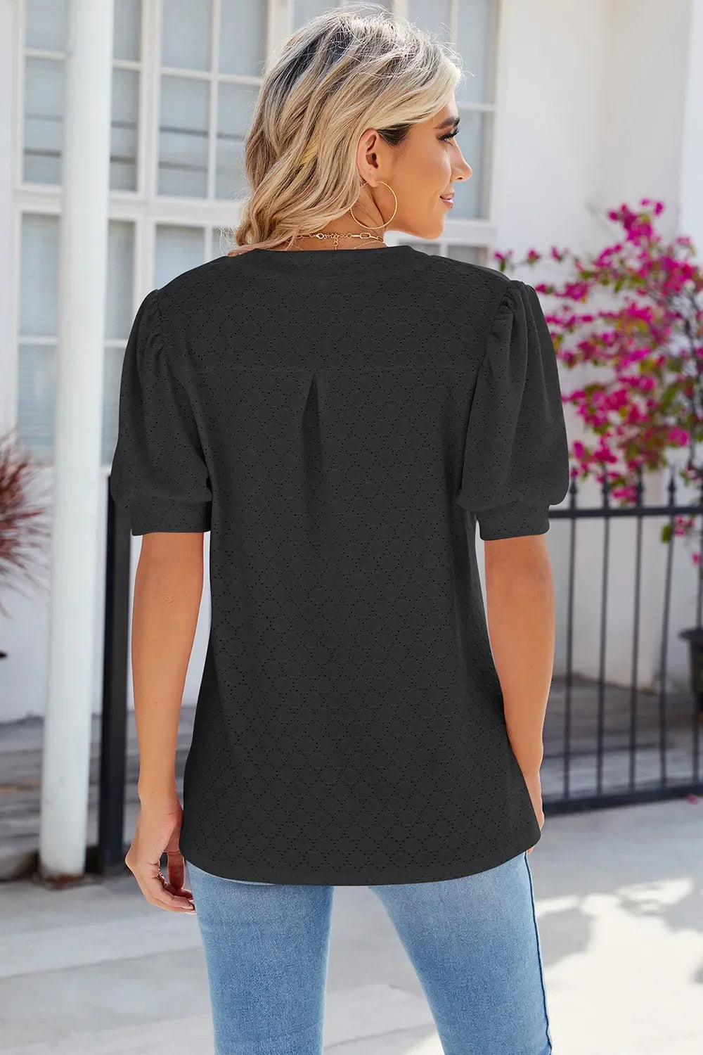 Eyelet Notched Puff Sleeve T-Shirt - Southern Shores Clothing