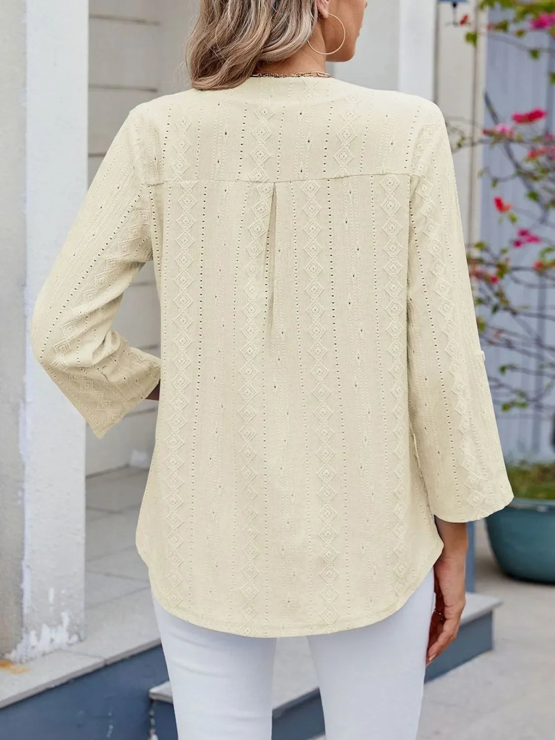 Eyelet Notched Roll-Tab Sleeve Top For Everyday Casual Wear - Southern Shores Clothing