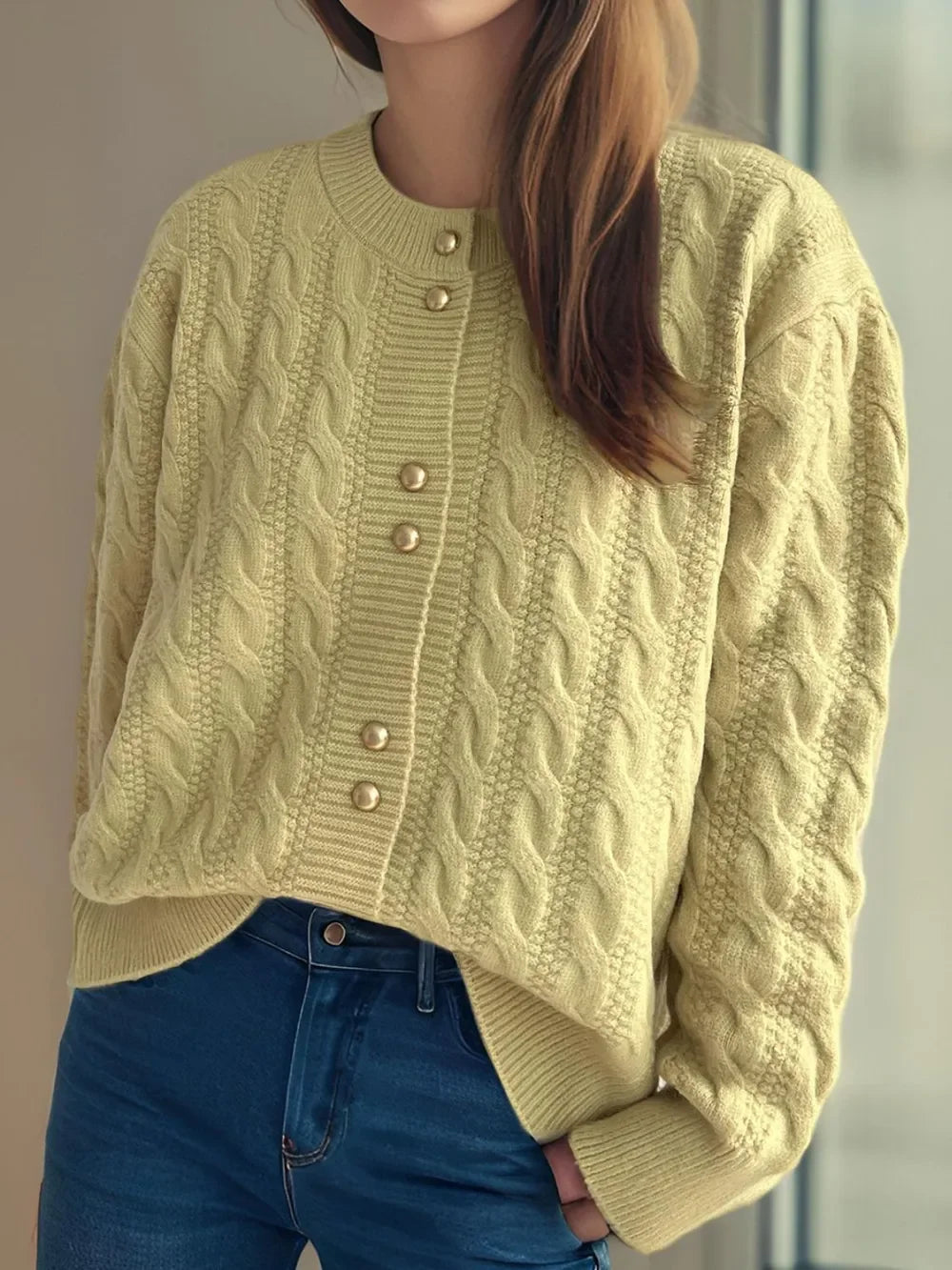 Cable-Knit Round-Neck Long Sleeve Cardigan Buttoned - Southern Shores Clothing