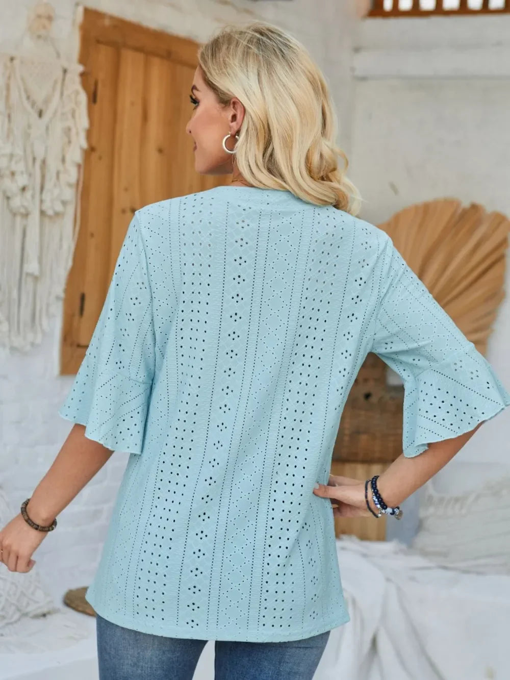 Eyelet Notched Half Sleeve T Shirt With Opaque Design - Southern Shores Clothing