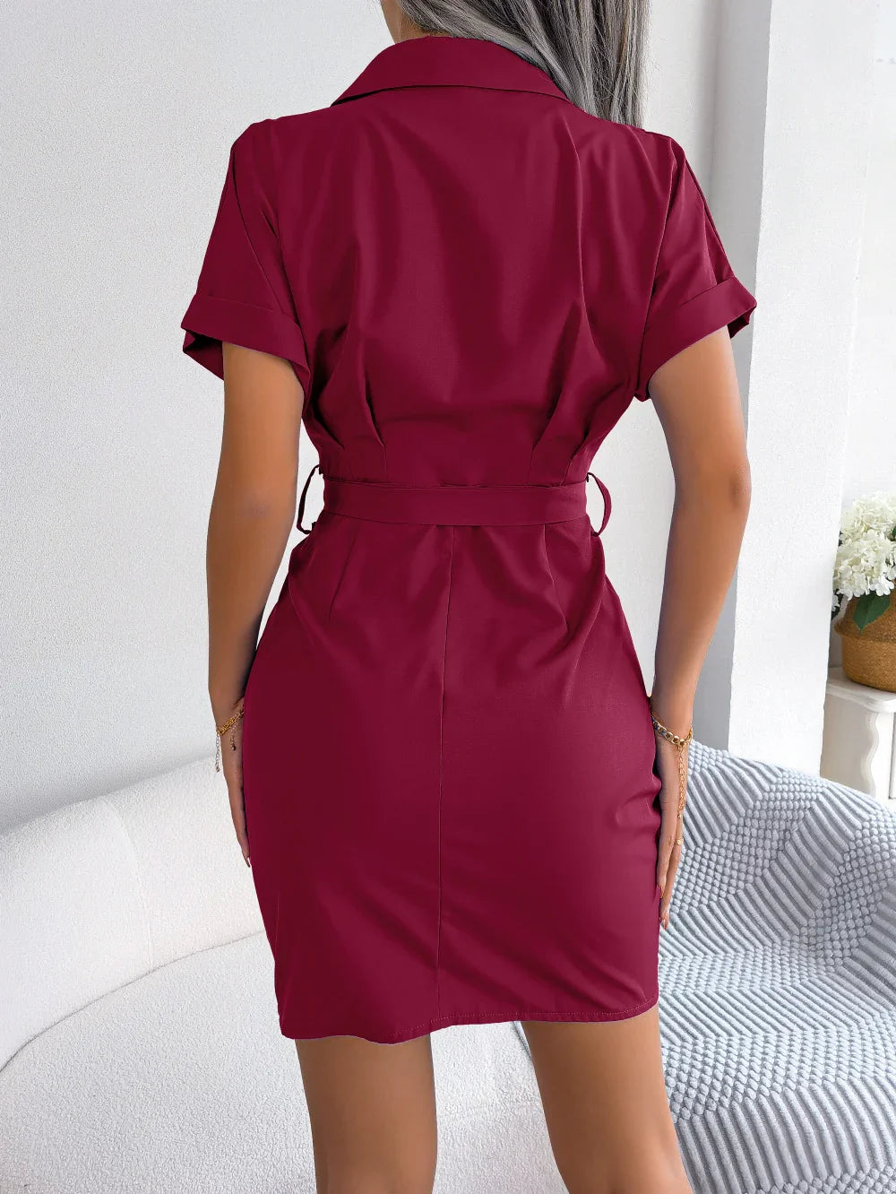 Button Down Ruched Tie Belt Dress For Everyday Wear - Southern Shores Clothing