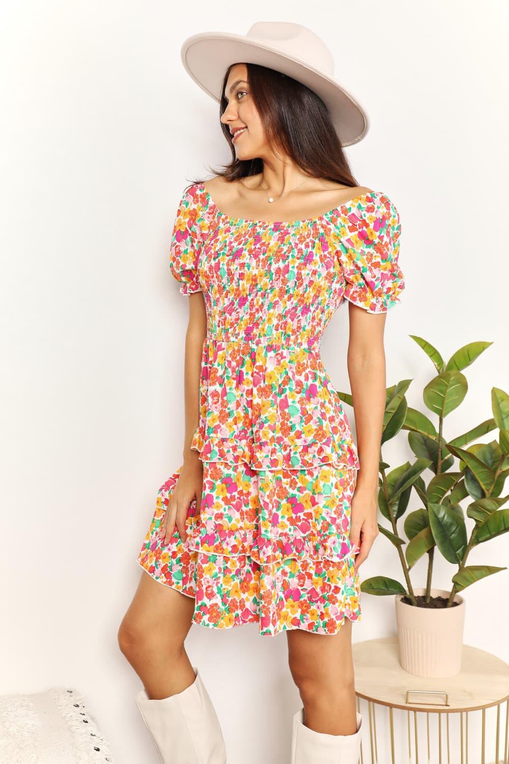 Smocked Bodice Sweetheart Neck Flounce Sleeve Mini Dress - Southern Shores Clothing
