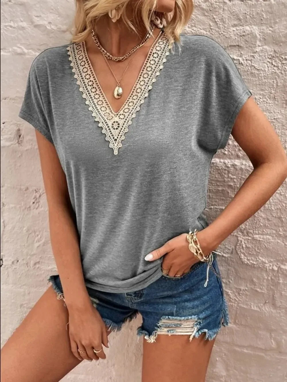 Full Size Lace Detail V-Neck Short Sleeve T-Shirt - Southern Shores Clothing
