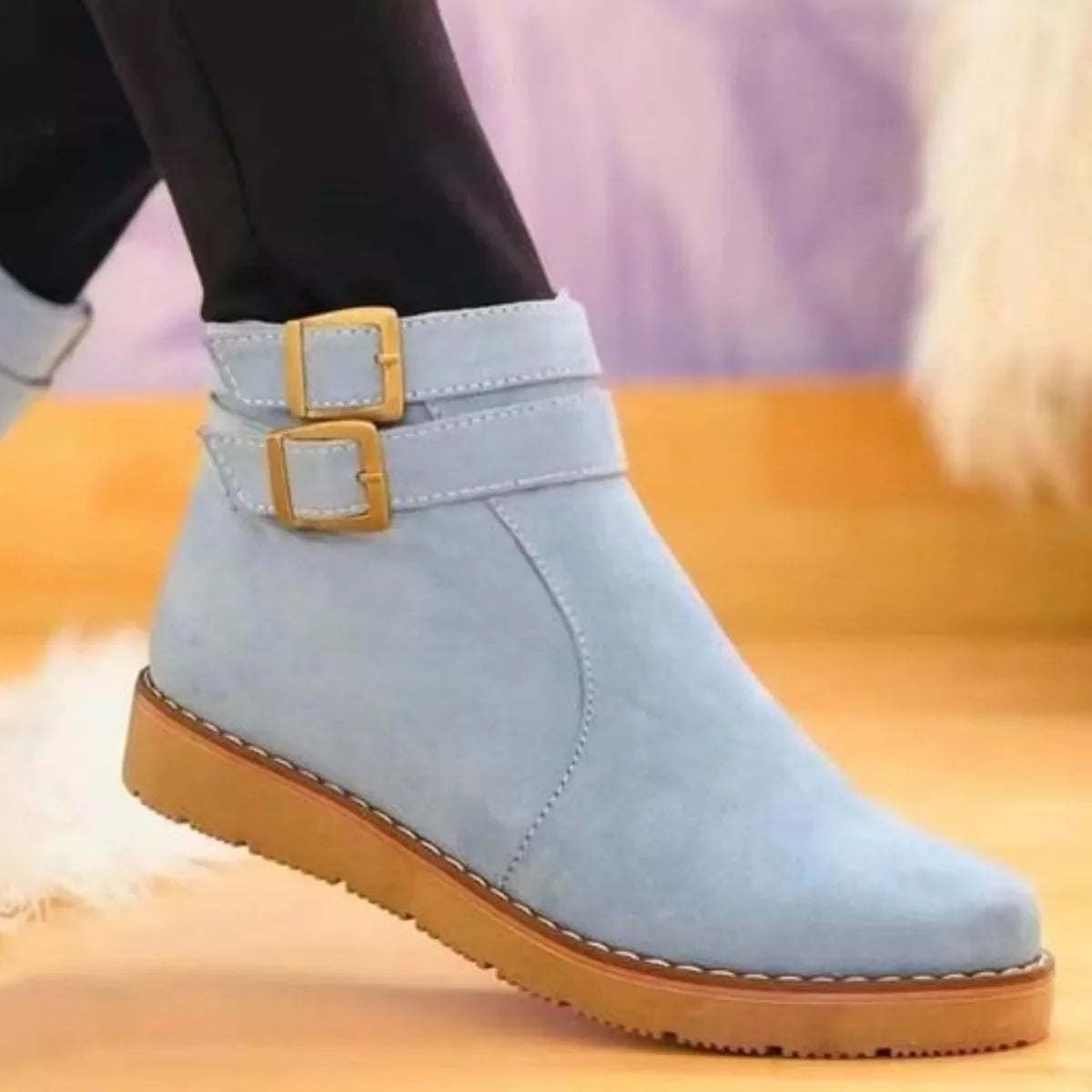Buckle Accent Suede Ankle Boots With Rubber Sole - Southern Shores Clothing