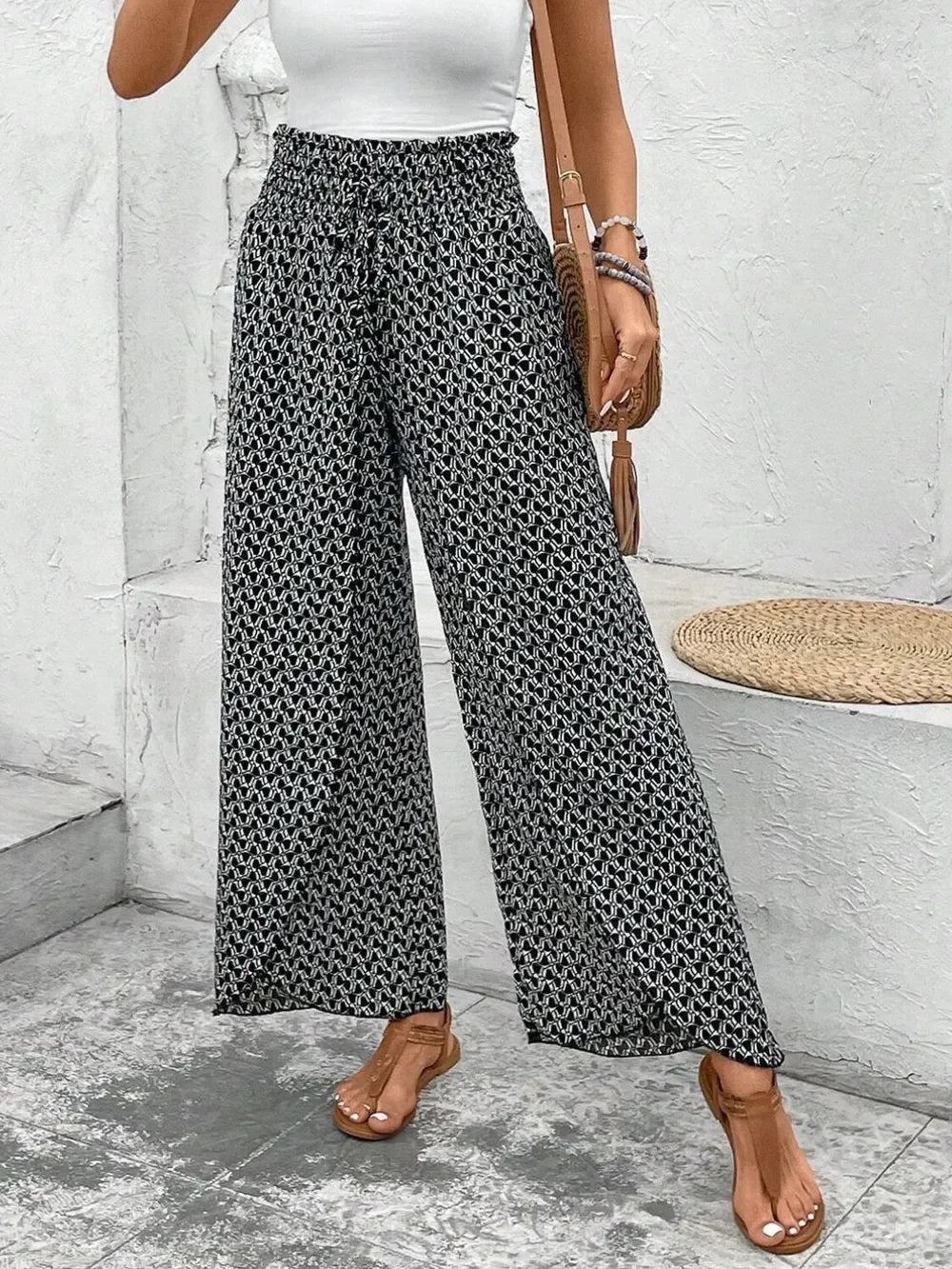 Floral Print Tie-Waist Wide Leg Pants With Front Slit Detail - Southern Shores Clothing