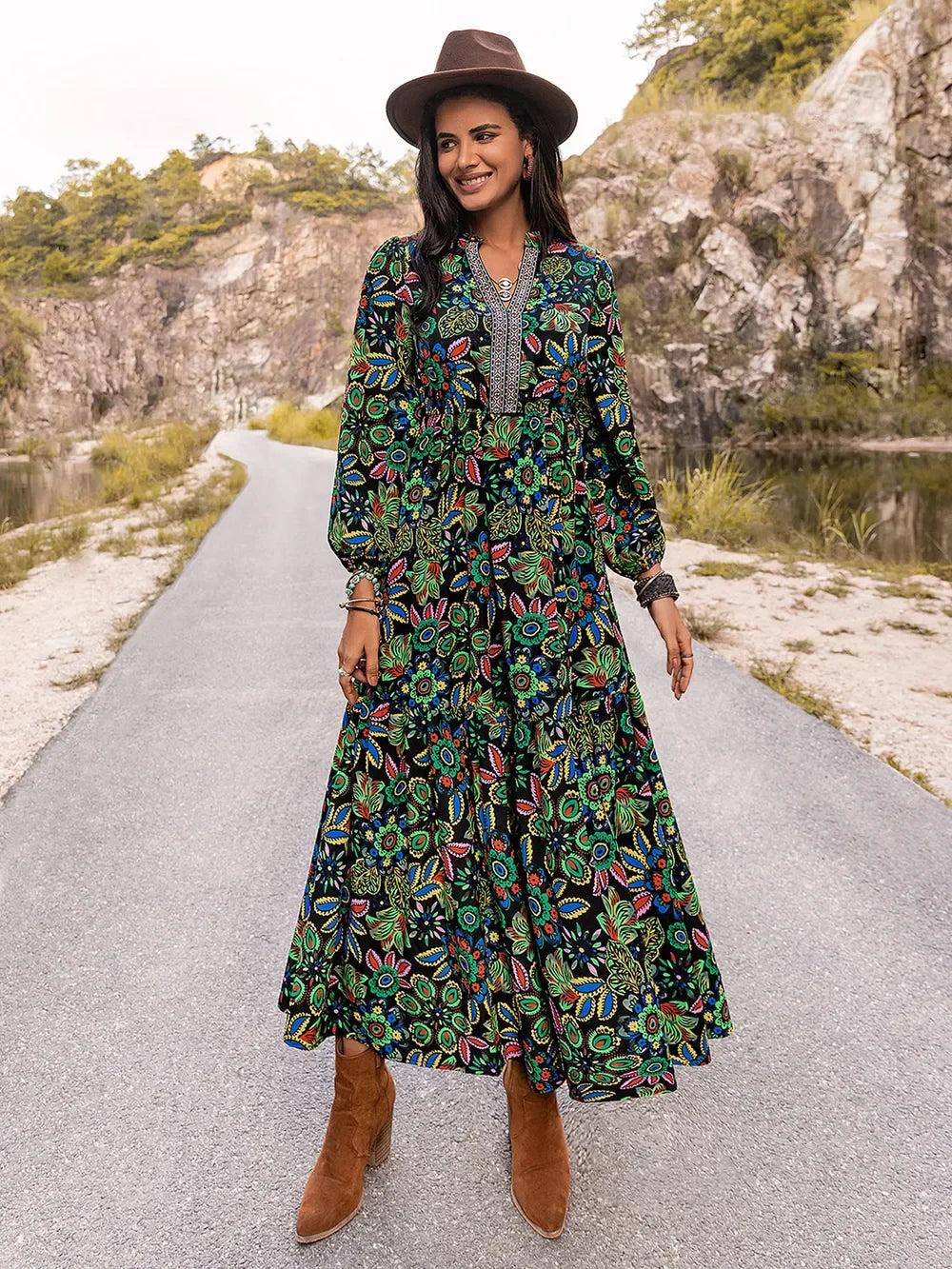 Printed Notched Neck Maxi Dress For Coastal Style - Southern Shores Clothing