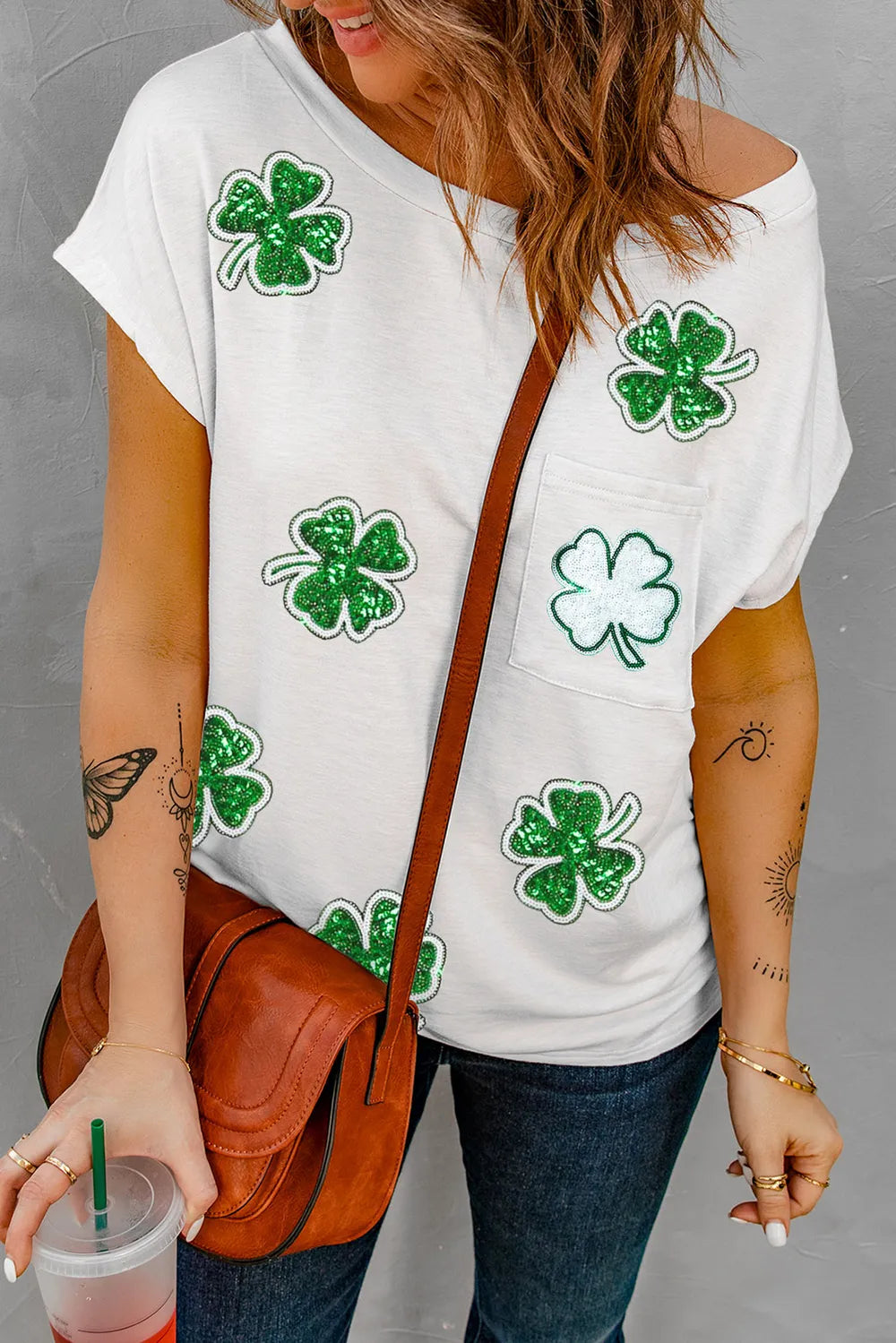 Women's SYNZ Sequin Lucky Clover Boat Neck T-Shirt