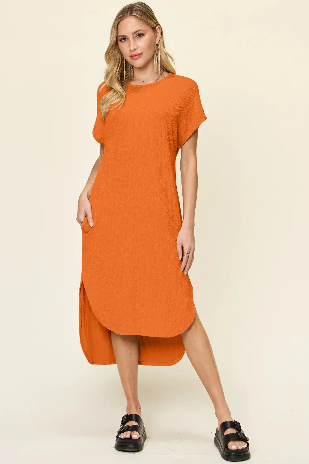 Versatile Round Neck Short Sleeve Slit Dress - Southern Shores Clothing