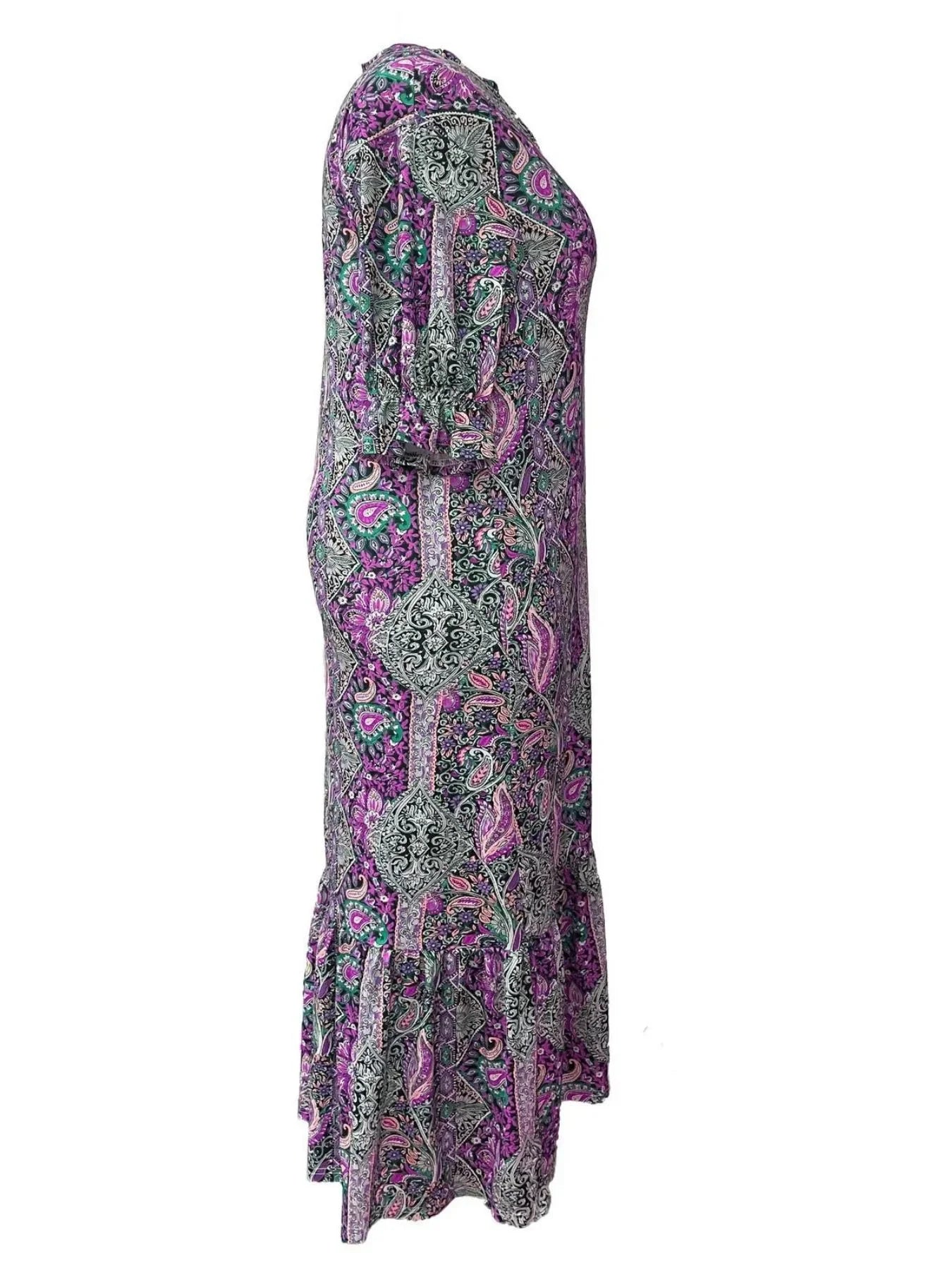 Bohemian Paisley Print Midi Dress With Ruffle Hem Long Sleeve - Southern Shores Clothing