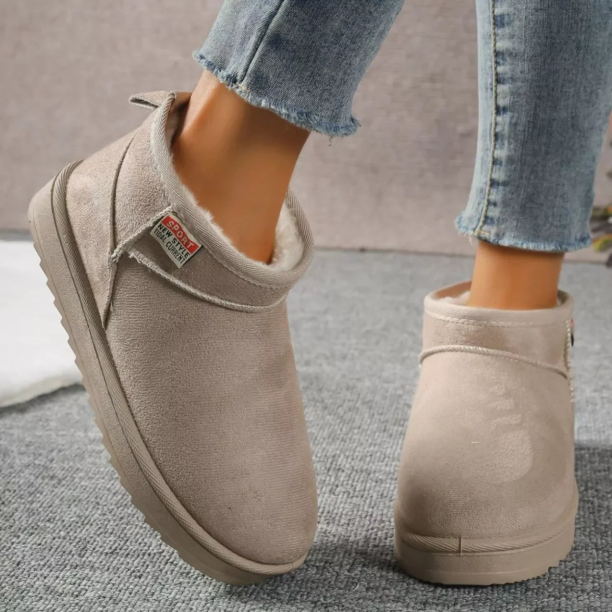 Suede Round Toe Platform Boots Flat Heel Rubber Sole