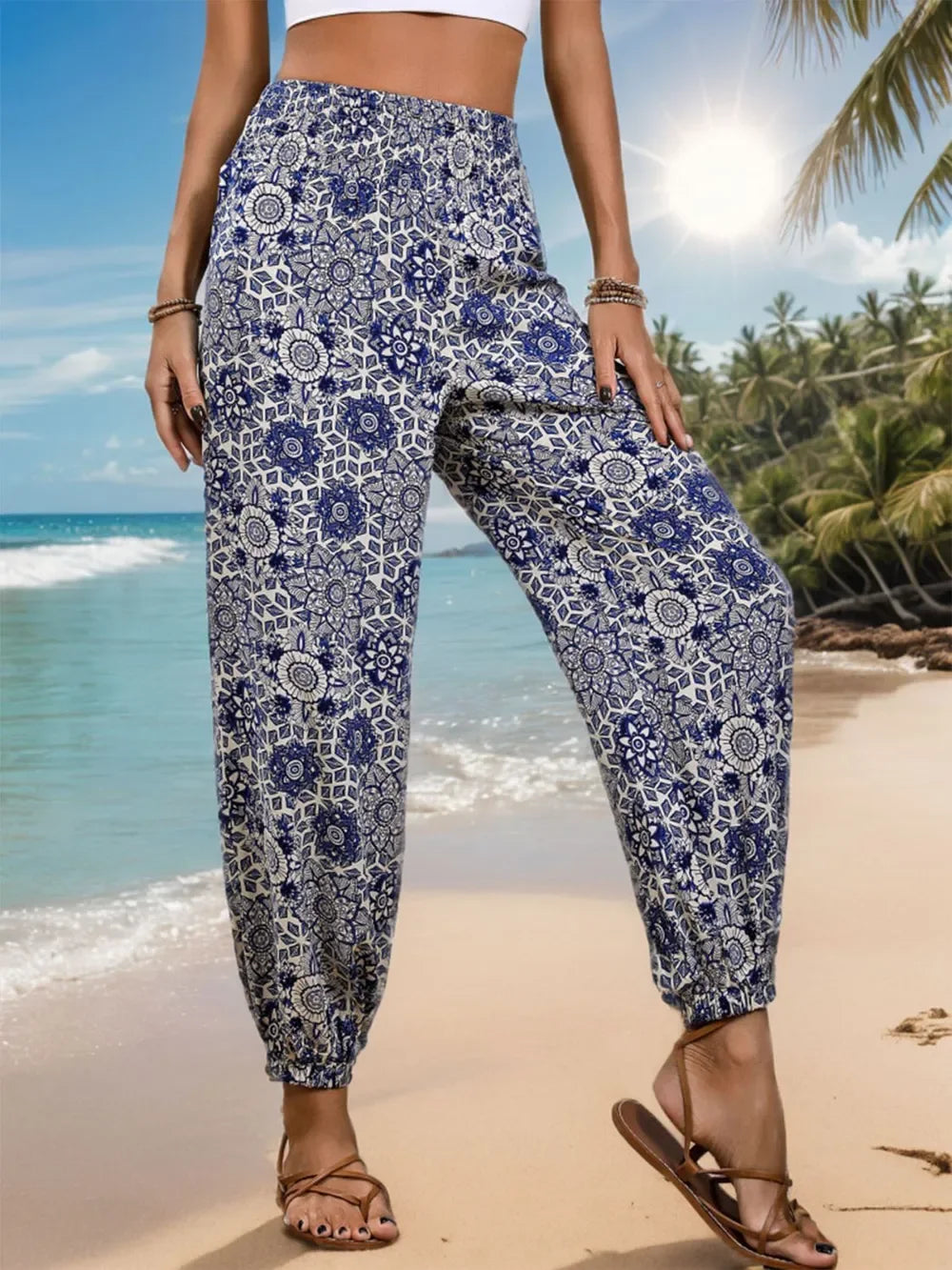 Patterned Elastic Waist Pants With Allover Geometric Print - Southern Shores Clothing
