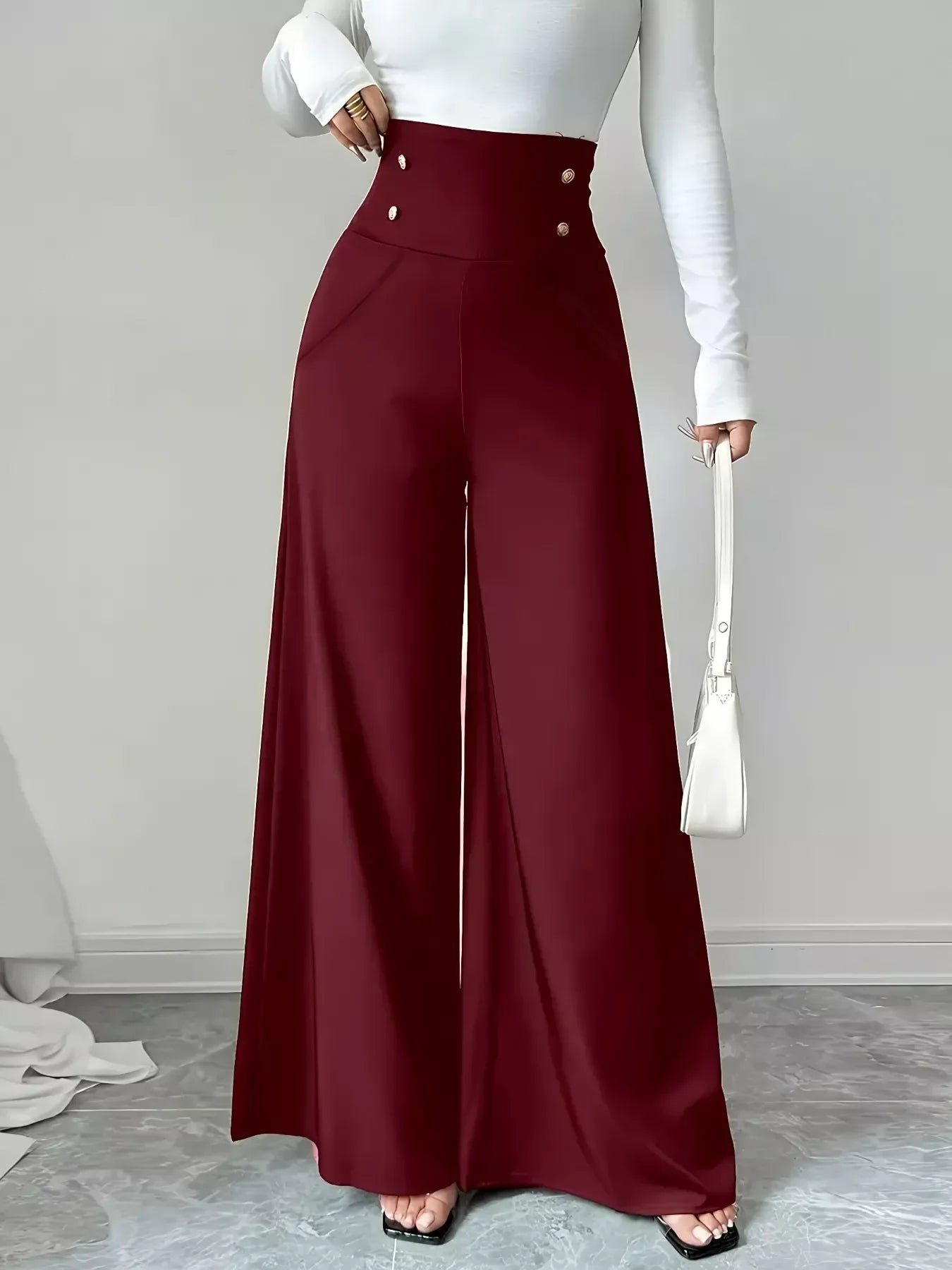 High Waist Wide Leg Button Decor Pants Everyday Wear - Southern Shores Clothing