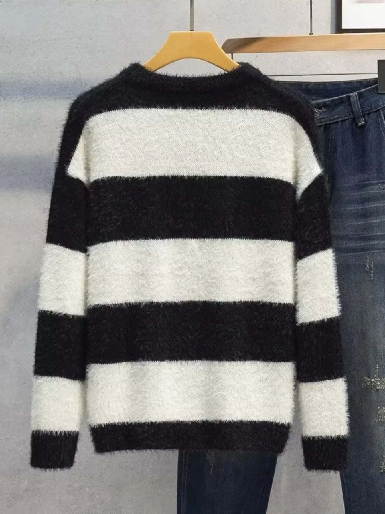 Plus Size Striped Fuzzy Knit Pullover Sweater - Southern Shores Clothing