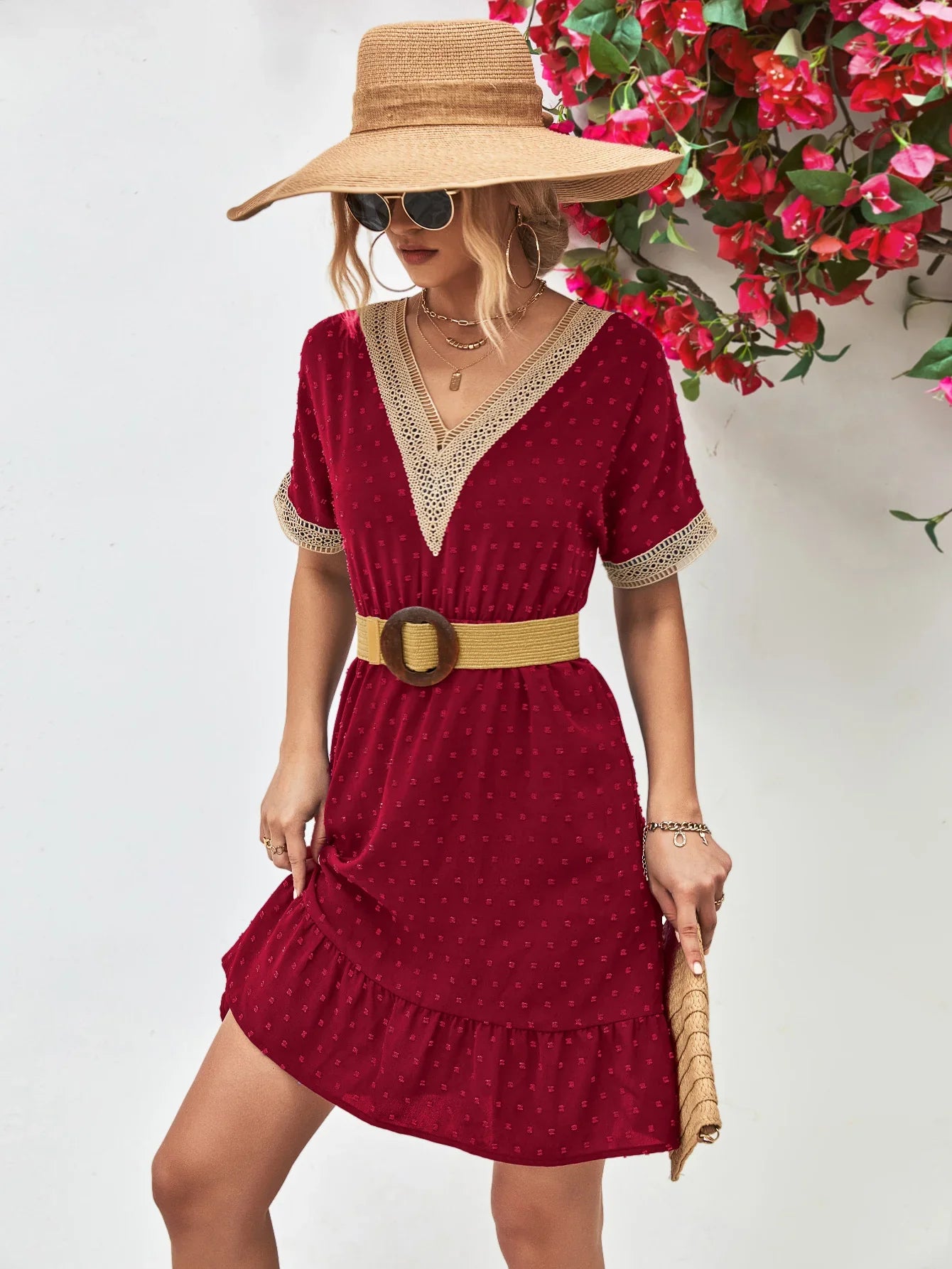 Contrast V-Neck Short Sleeve Mini Dress - Southern Shores Clothing