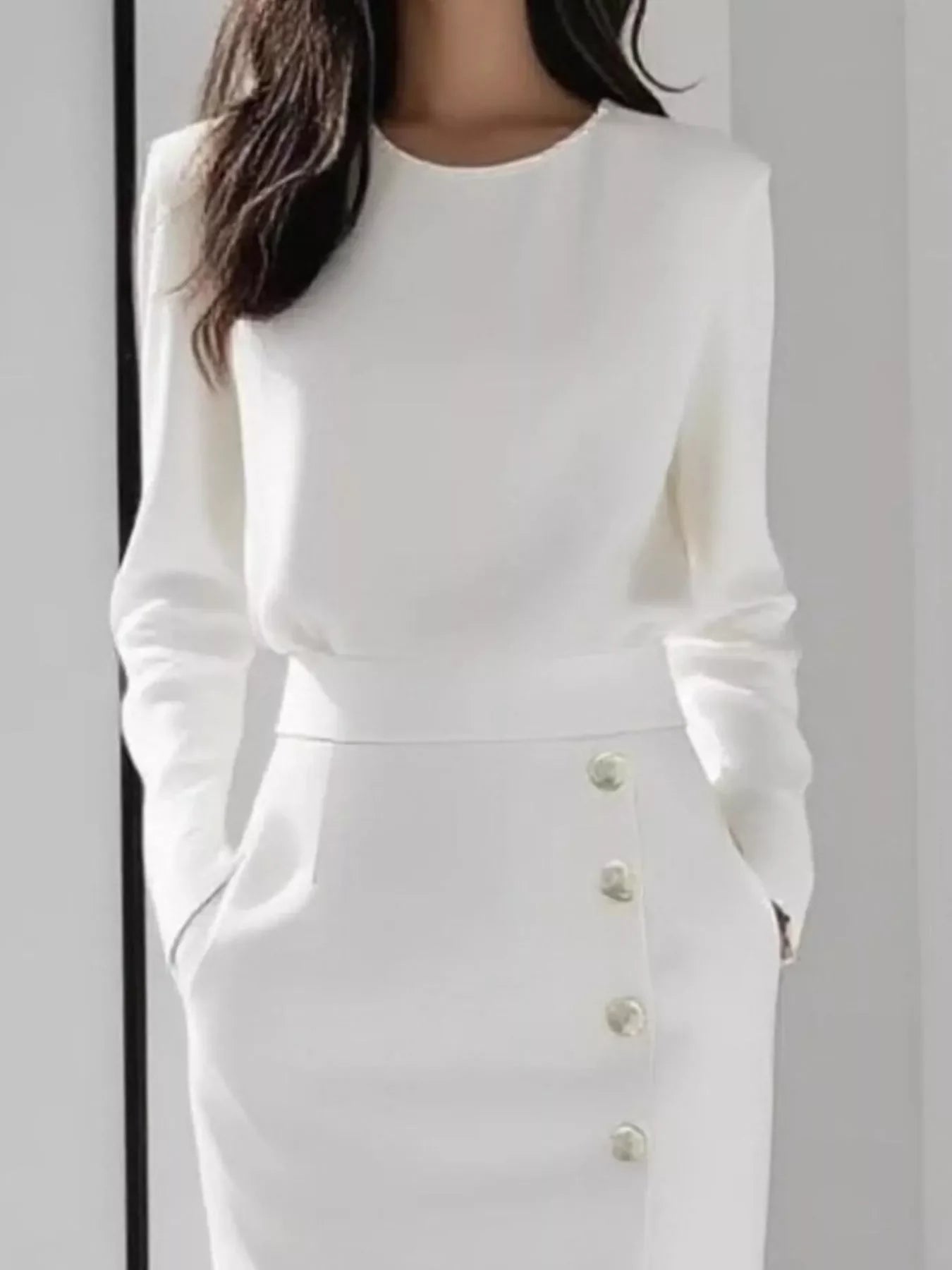Coastal Long Sleeve Button Detail Midi Dress With Side Slit - Southern Shores Clothing