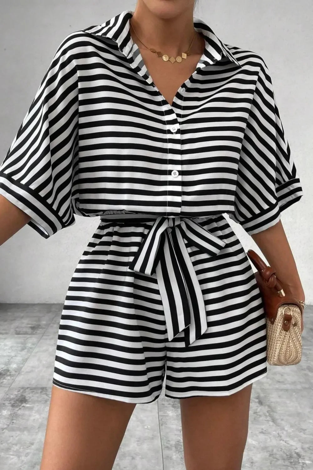 Striped Collared Neck Tie Waist Romper Relaxed Fit - Southern Shores Clothing