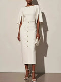 Slit Sleeve Midi Dress With Decorative Button - Southern Shores Clothing