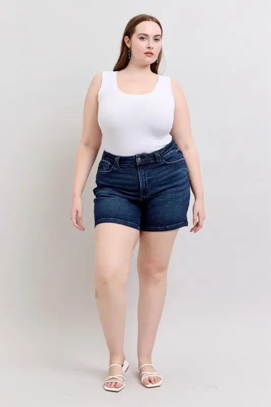High Waist Denim Shorts With Back Flap Pocket Plus Size - Southern Shores Clothing