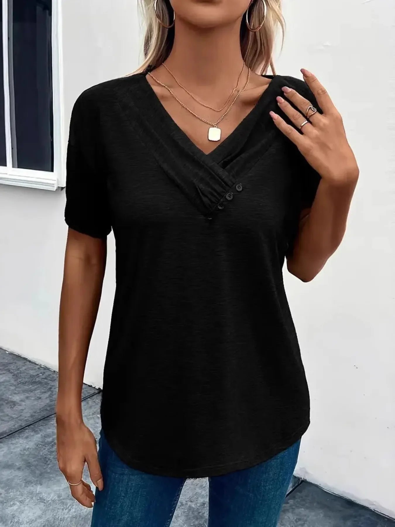 Ruched V-Neck Short Sleeve Basic Style T Shirt - Southern Shores Clothing