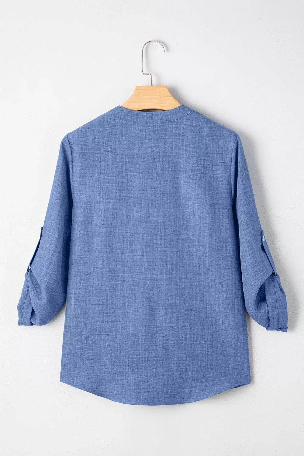 Casual Roll Up Sleeve Blouse With Notched Collar And Pocket - Southern Shores Clothing