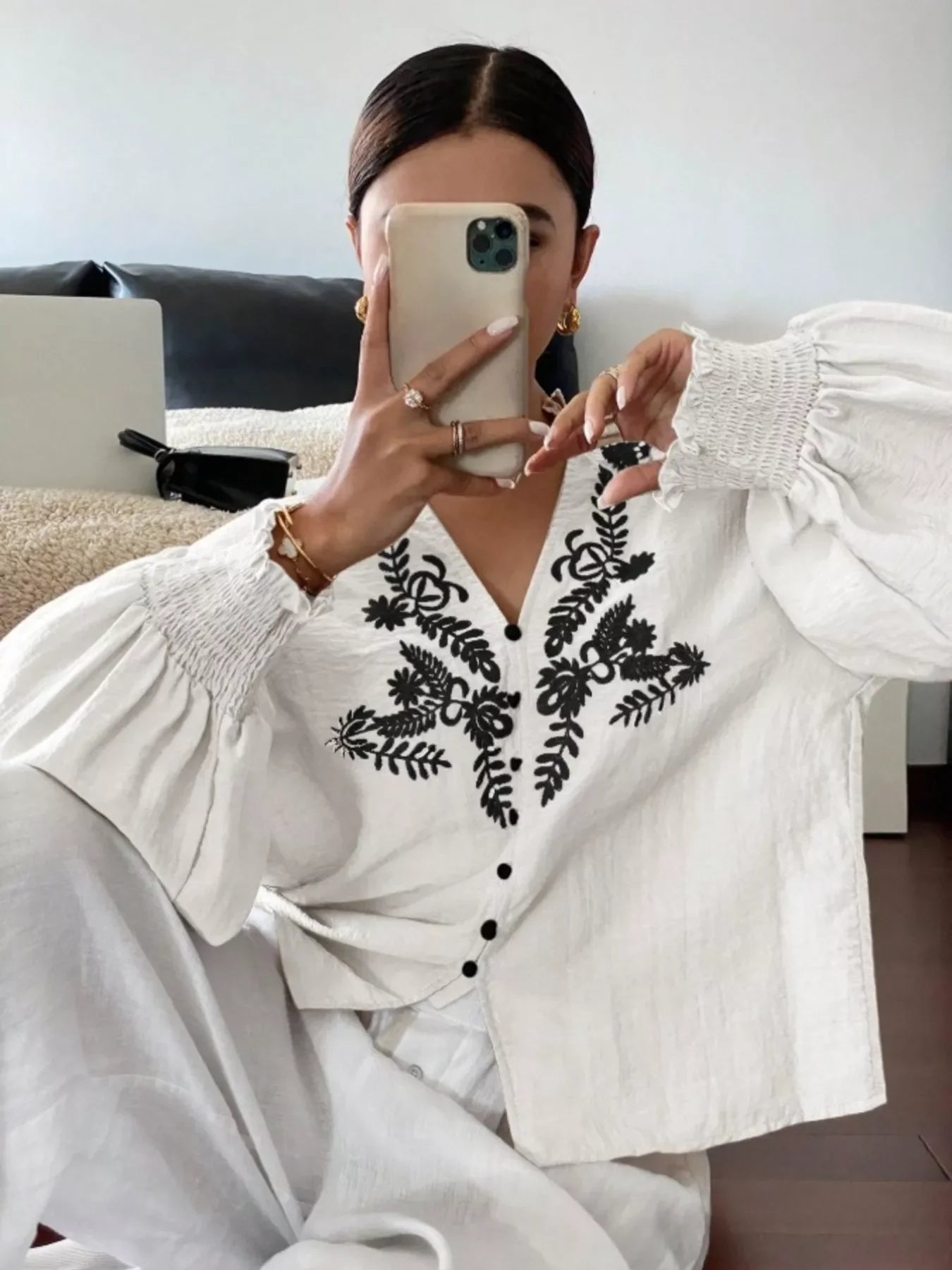 Southern Shores Elegant Embroidered Long Sleeve Buttoned Polyester Blouse With Je T'aime Design - Southern Shores Clothing