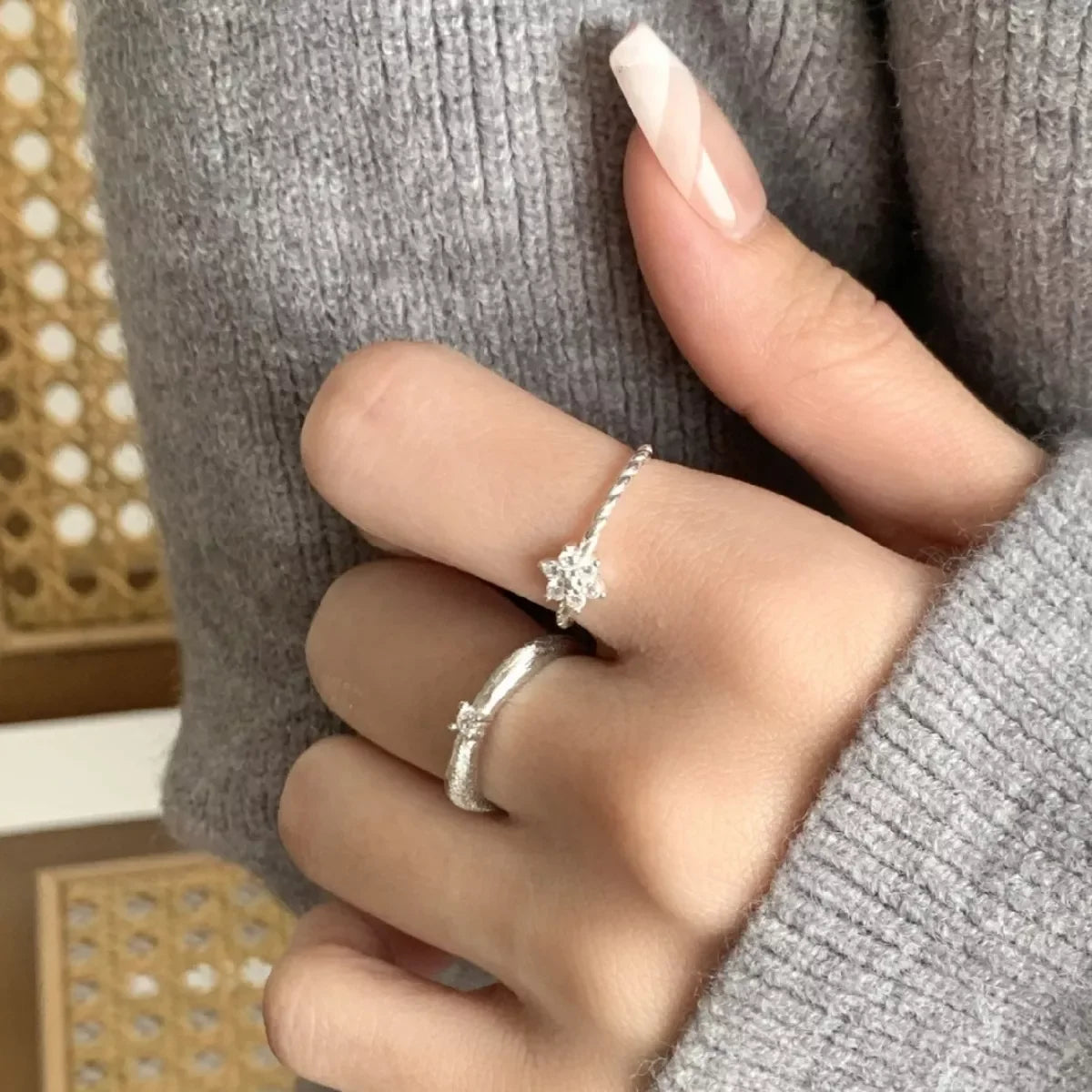 Sterling Silver Zircon Flower Ring With Open Band Design - Southern Shores Clothing