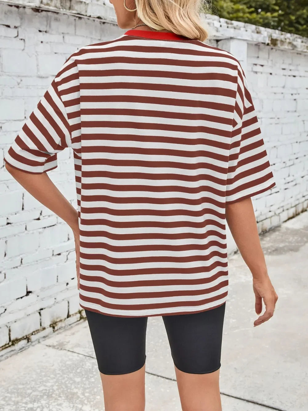 Striped Round Neck Half Sleeve Stretchy T Shirt - Southern Shores Clothing