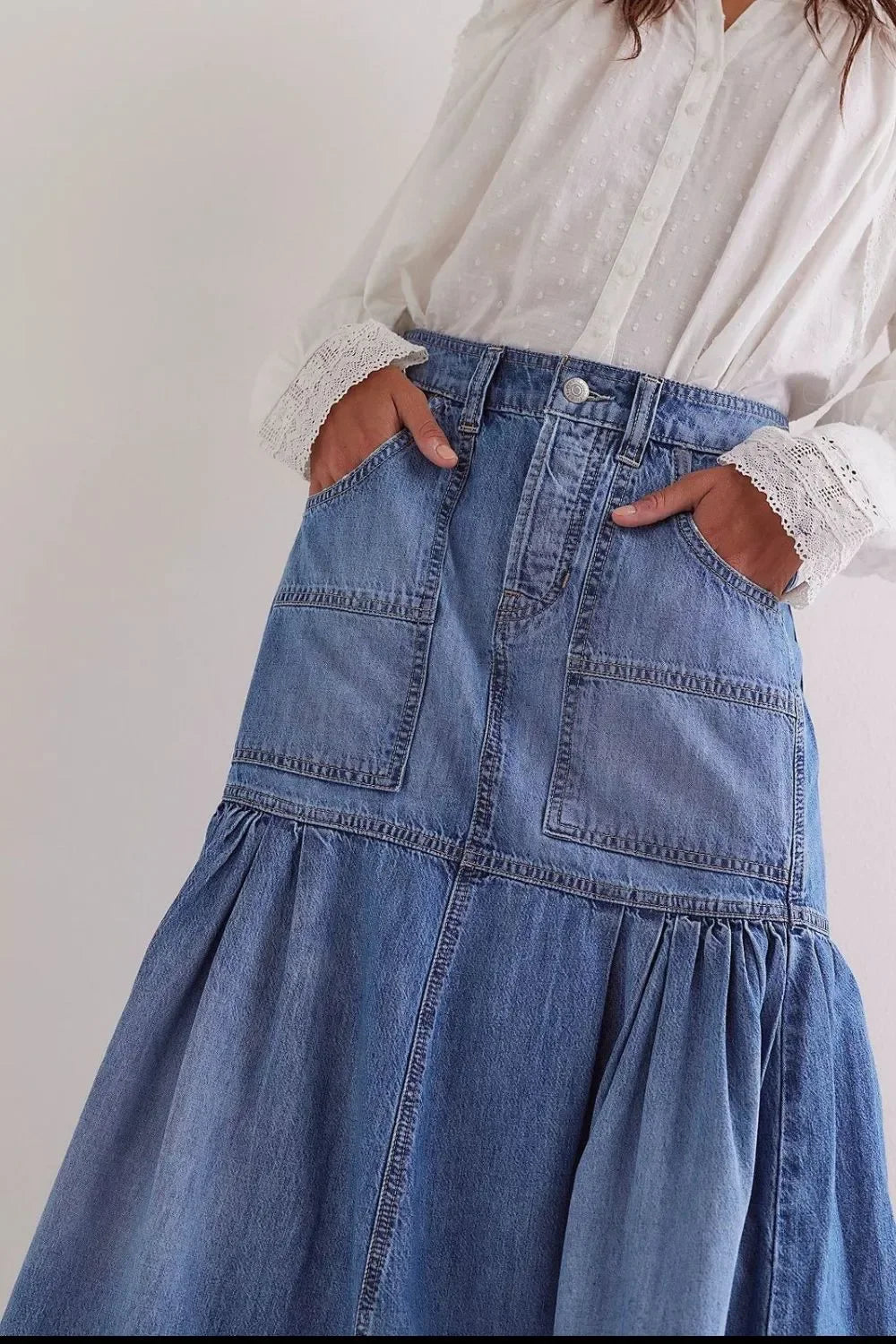 Relaxed Fit Midi Denim Skirt With Pockets - Southern Shores Clothing