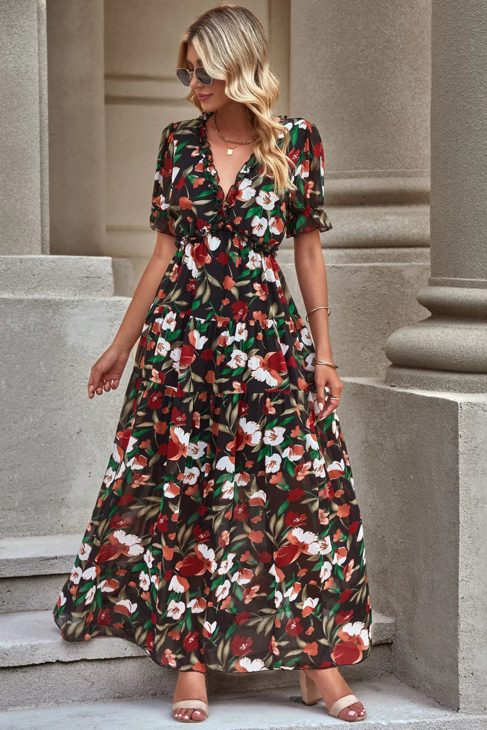 Floral V Neck Short Flounce Sleeve Maxi Dress - Southern Shores Clothing
