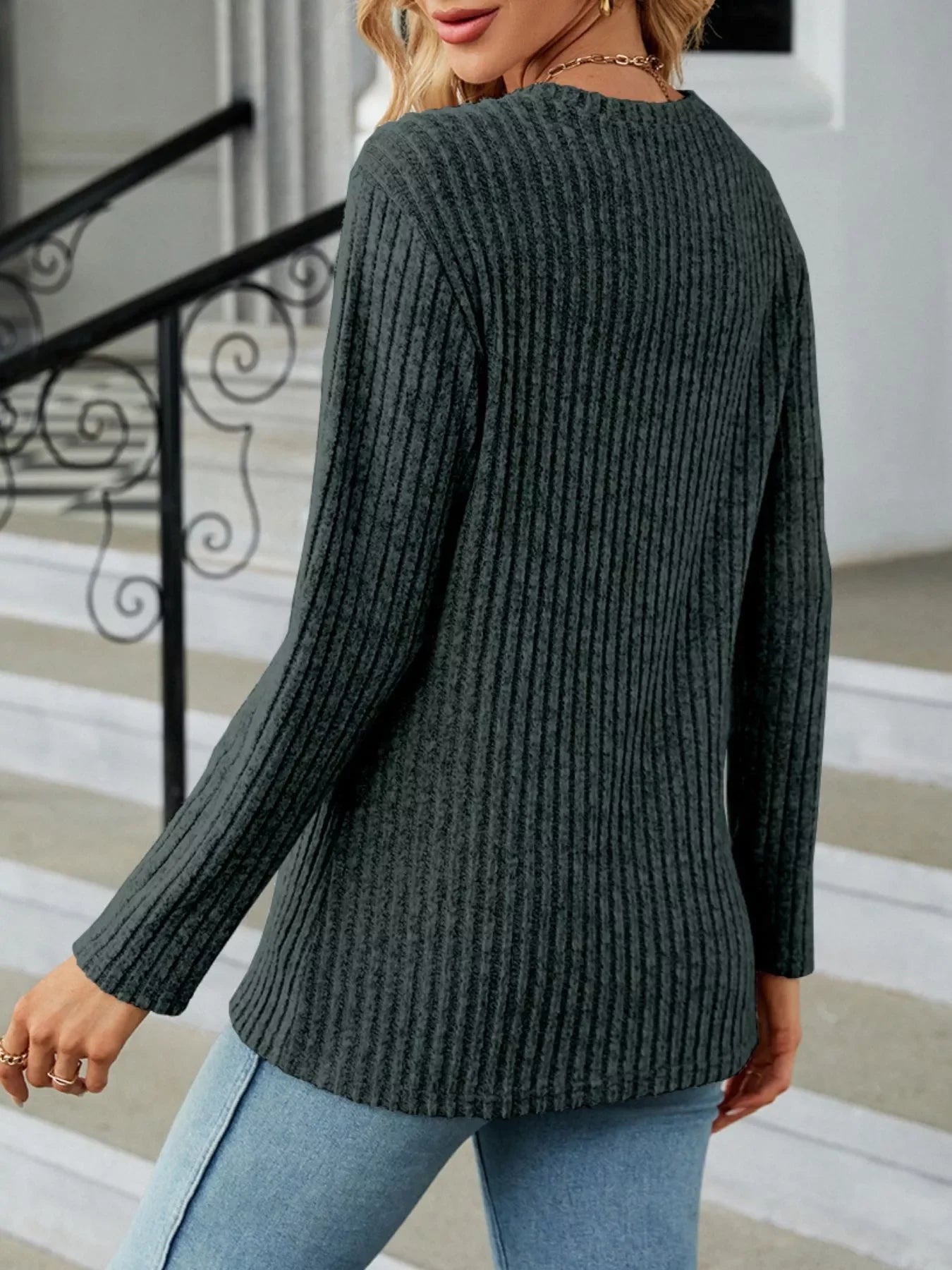 Ribbed Knit Decor Button T-Shirt - Southern Shores Clothing