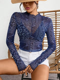 Paisley Mock Neck Long Sleeve Sheer Top With Stretch Fit - Southern Shores Clothing