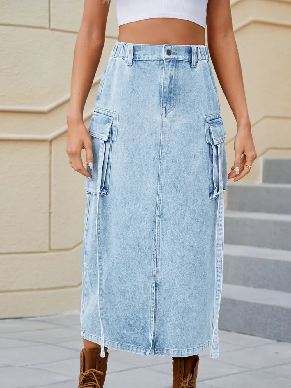 High Waist Denim Skirt With Slit And Pockets - Southern Shores Clothing