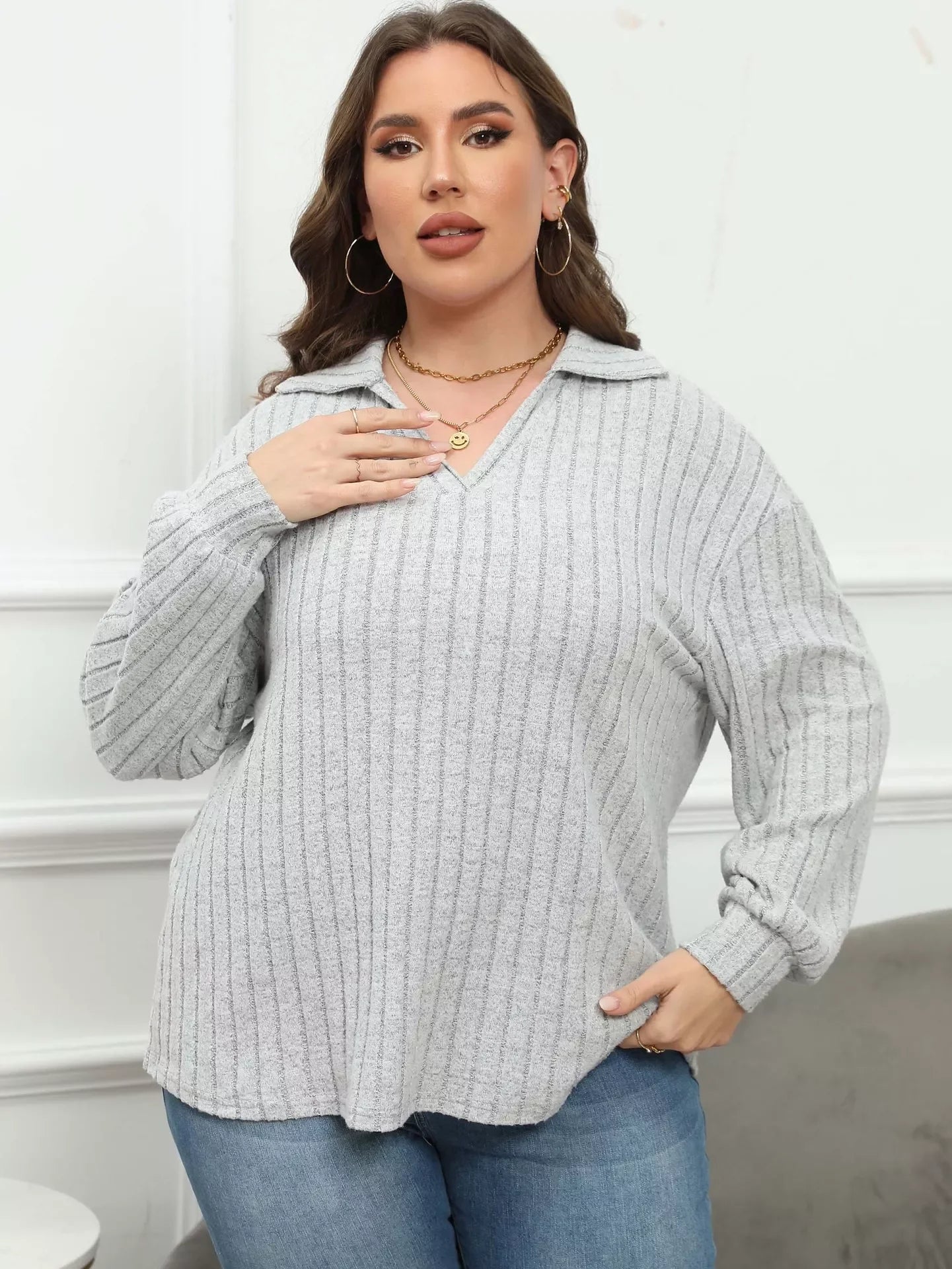 Plus Size Ribbed Knit Polo Collar T Shirt - Southern Shores Clothing