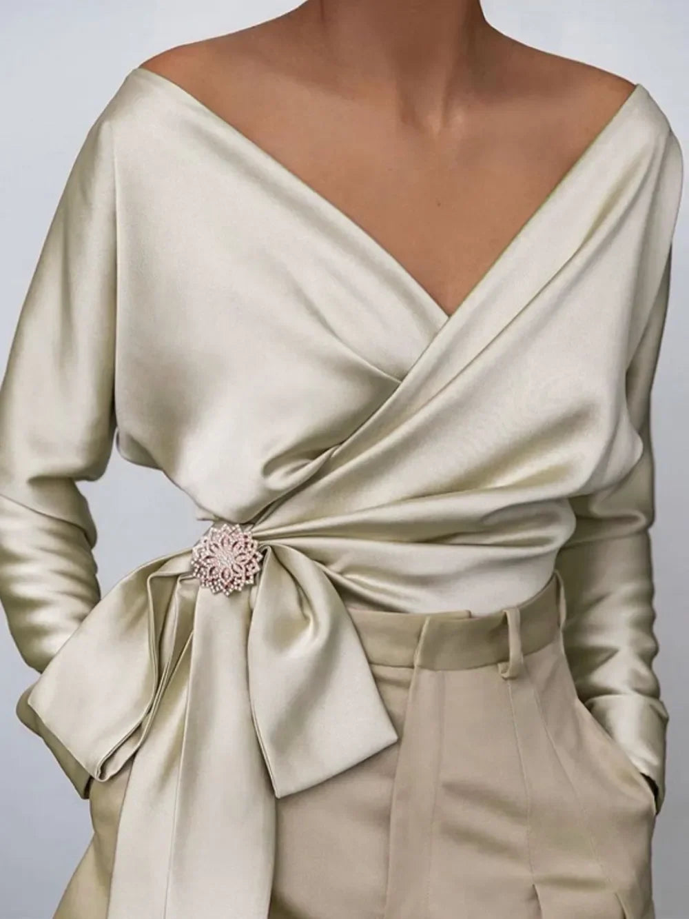 Southern Shores Clothing Surplice Long Sleeve Blouse With Tied Bow In 95% Polyester - Southern Shores Clothing