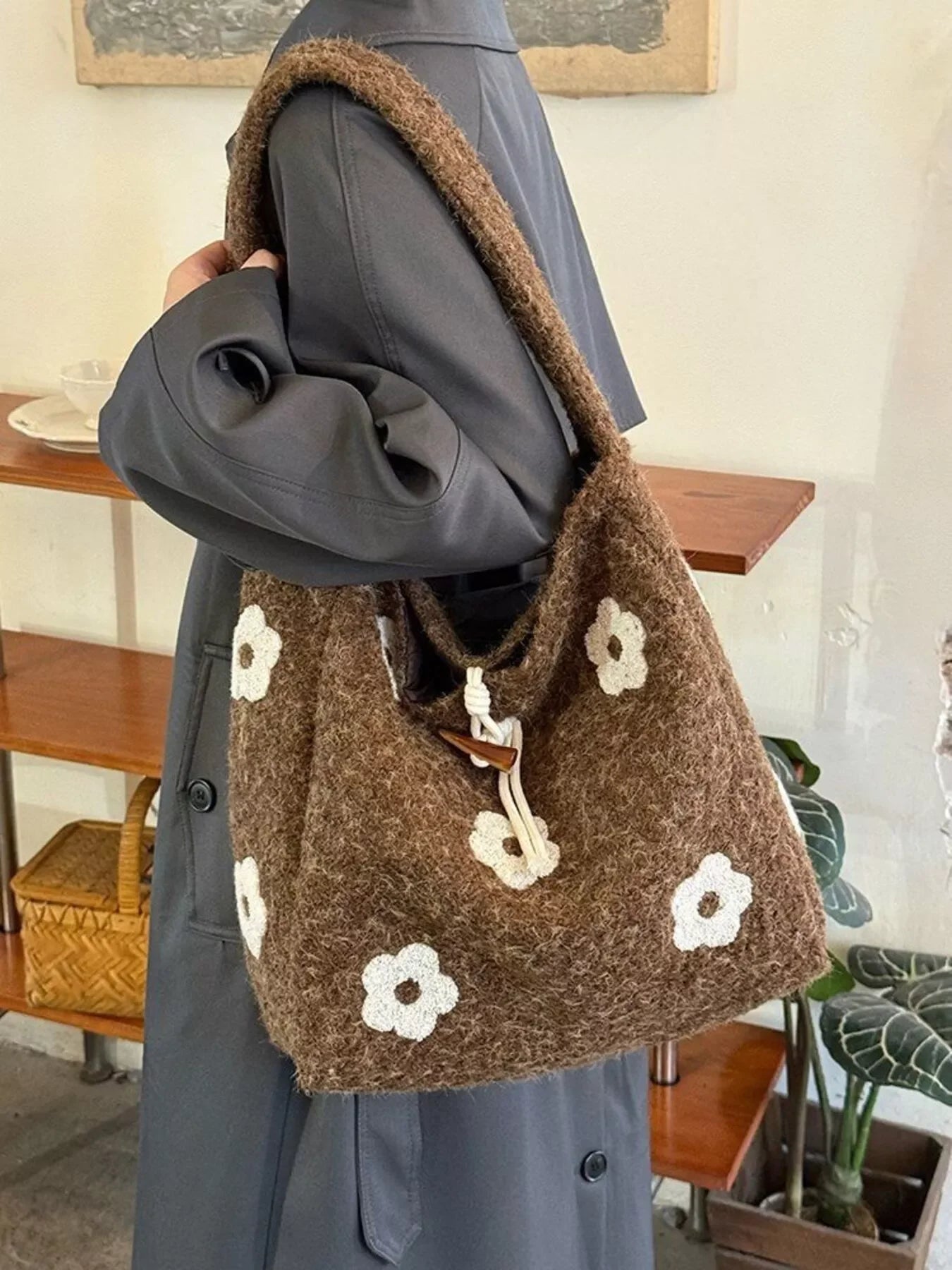 Floral Fuzzy Knit Tote Bag With Plush Finish - Southern Shores Clothing