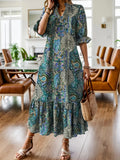 Bohemian Paisley Print Midi Dress With Ruffle Hem Long Sleeve - Southern Shores Clothing