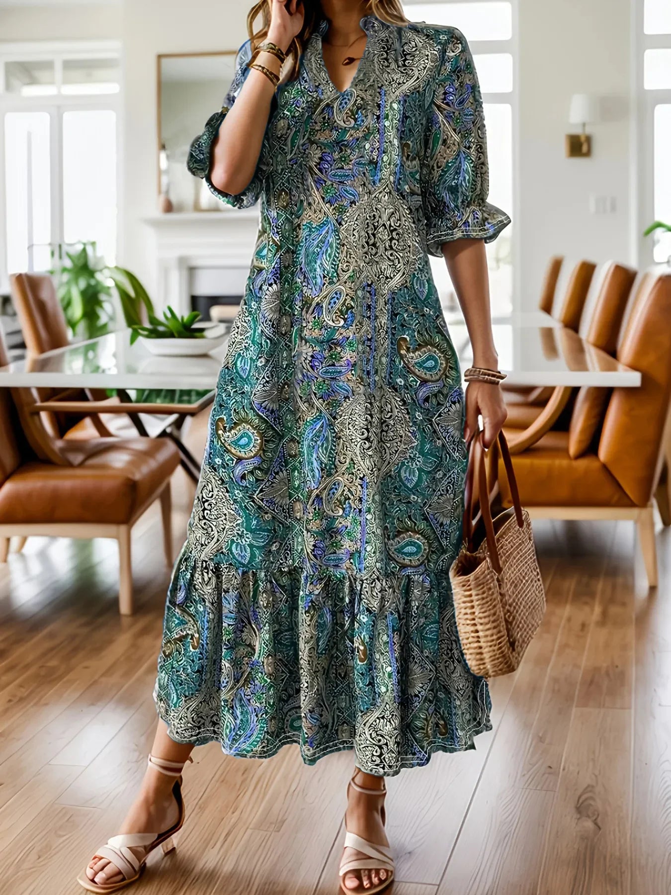 Bohemian Paisley Print Midi Dress With Ruffle Hem Long Sleeve - Southern Shores Clothing