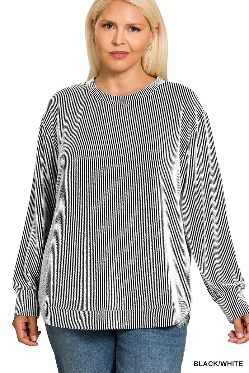 Plus Size Raised Rib Long Sleeve Round Neck T Shirt - Southern Shores Clothing
