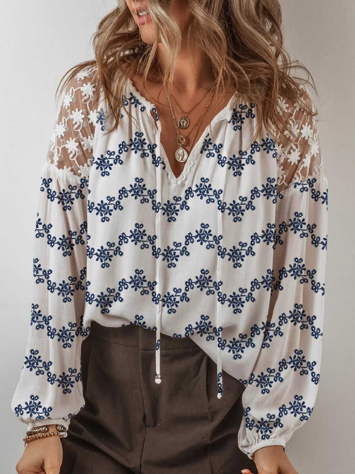 Printed Tie Neck Lace Long Sleeve Blouse Viscose - Southern Shores Clothing