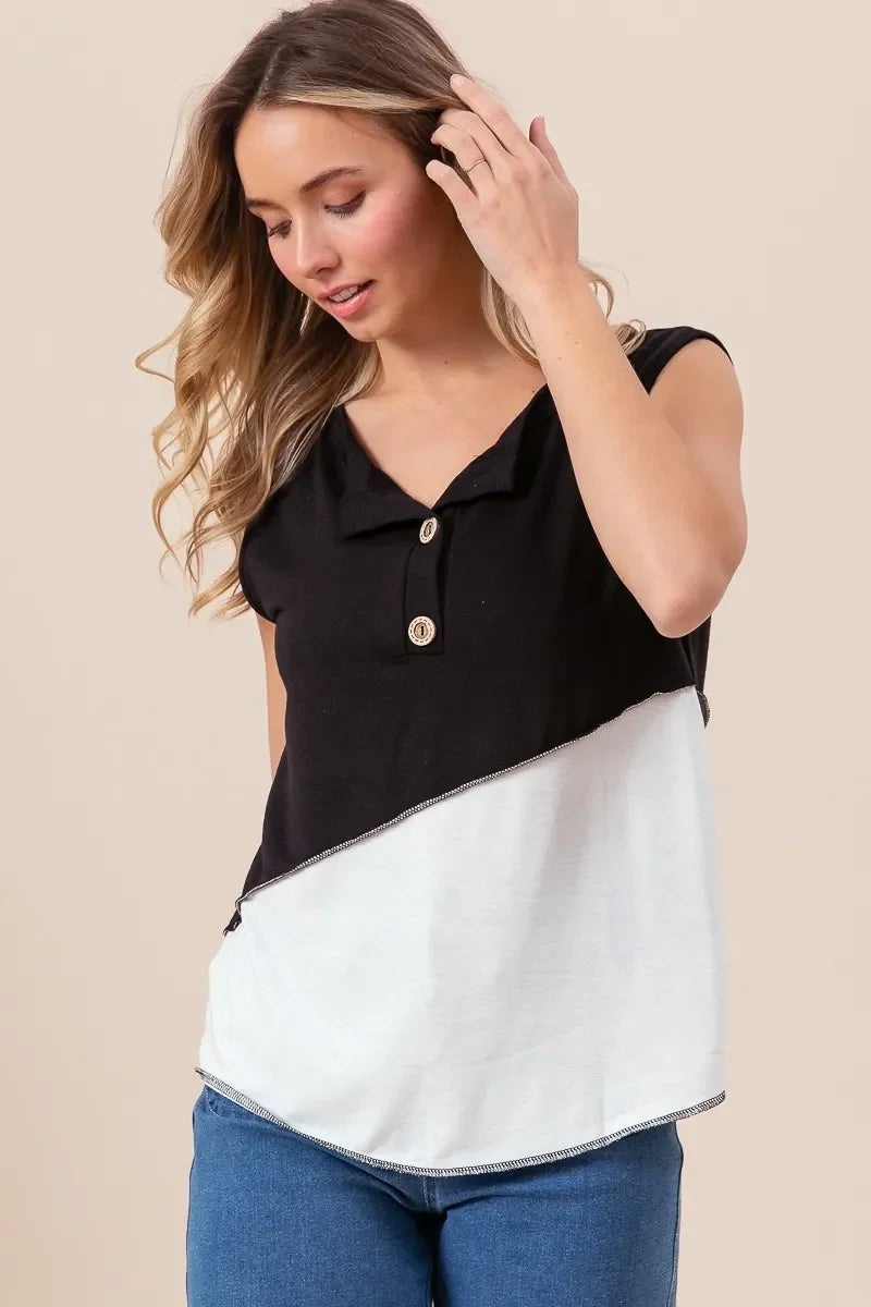 Block Design Buttoned Henley Top With Contrast Stitching - Southern Shores Clothing