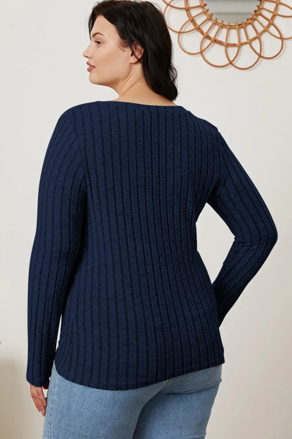 Classic Ribbed V-Neck Long Sleeve Knit Tee Top - Southern Shores Clothing