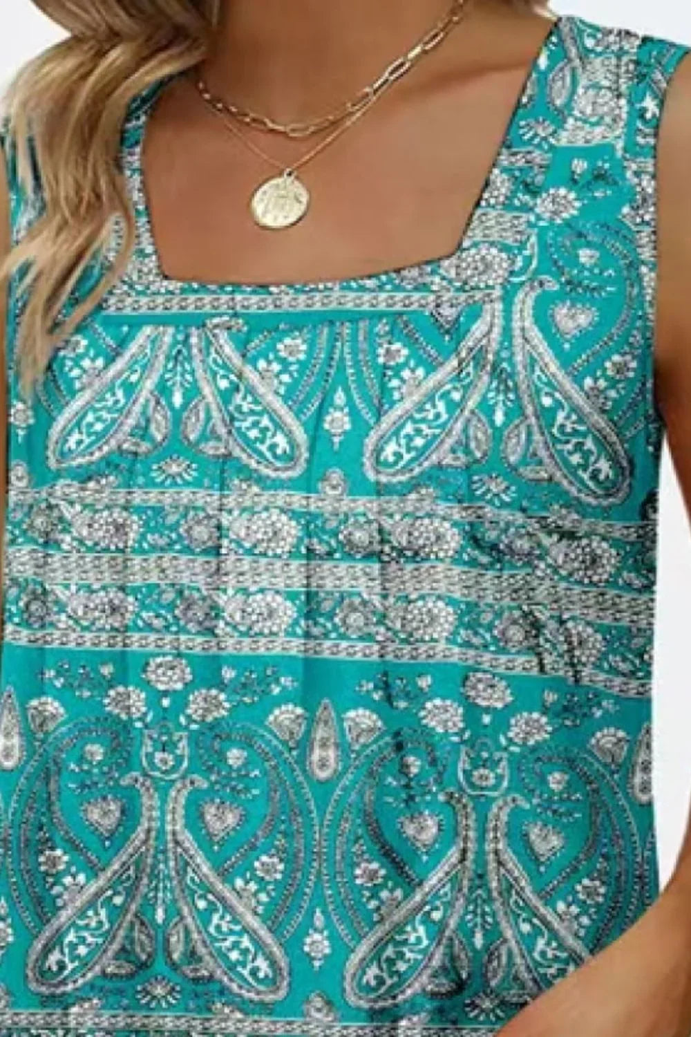 Printed Floral Square Neck Stretch Tank Top - Southern Shores Clothing
