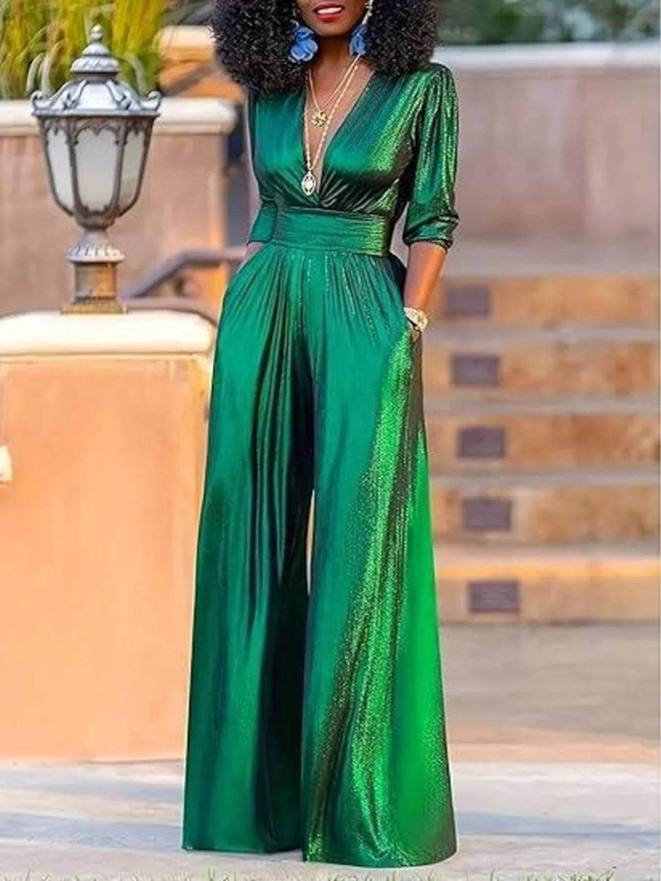 Deep V-Neck Wide-Leg Jumpsuit With Pockets - Southern Shores Clothing