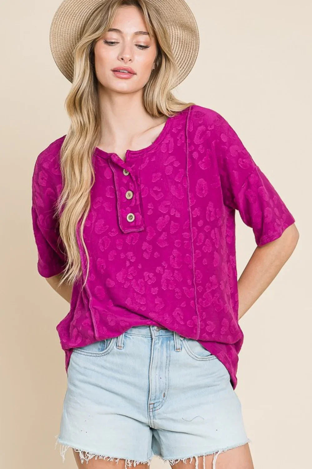 Animal Print Textured Blouse With Button Placket Relaxed Fit - Southern Shores Clothing