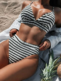 Striped V-Neck Two-Piece Swim Set With Non-Removable Padding - Southern Shores Clothing