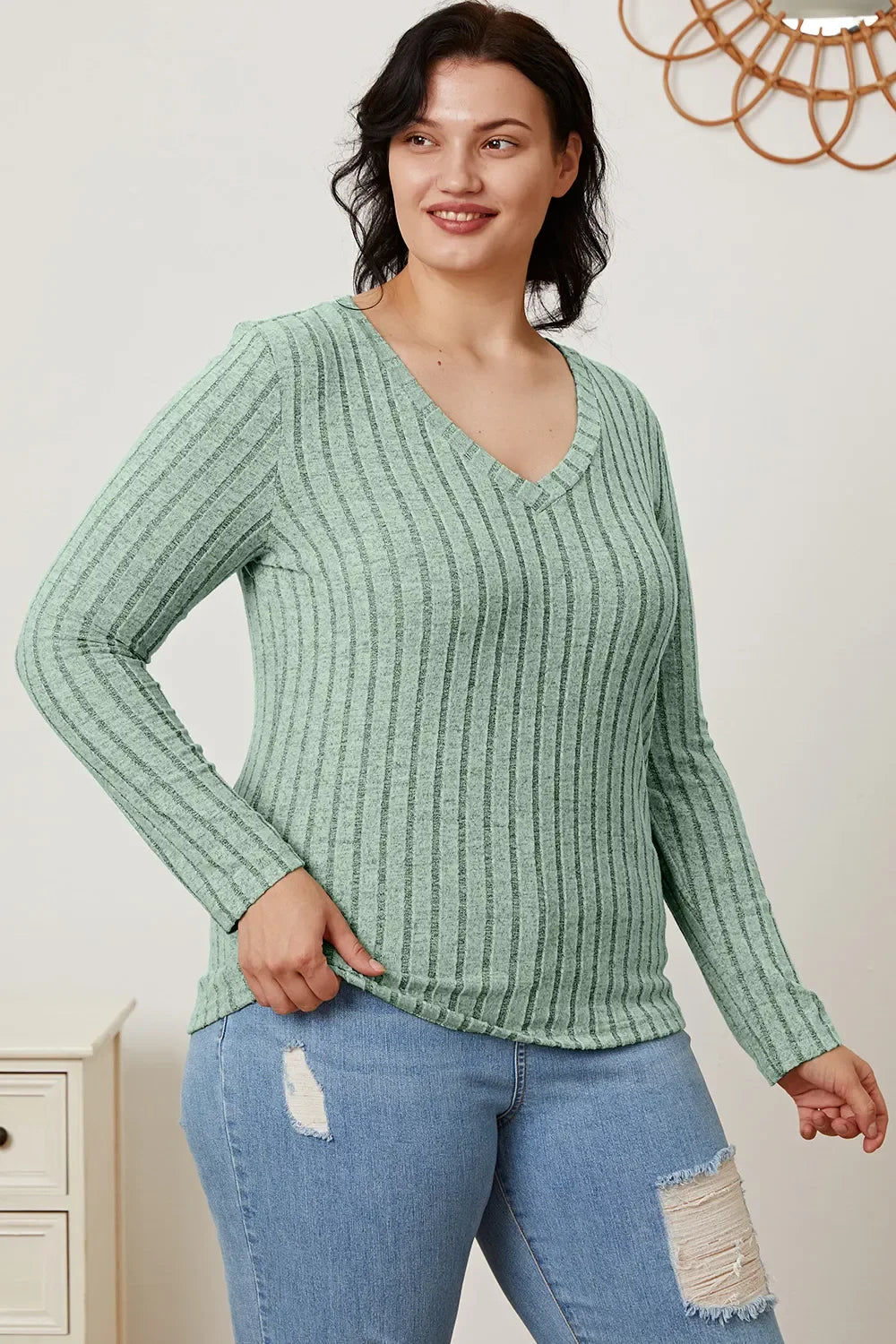 Classic Ribbed V-Neck Long Sleeve Knit Tee Top - Southern Shores Clothing